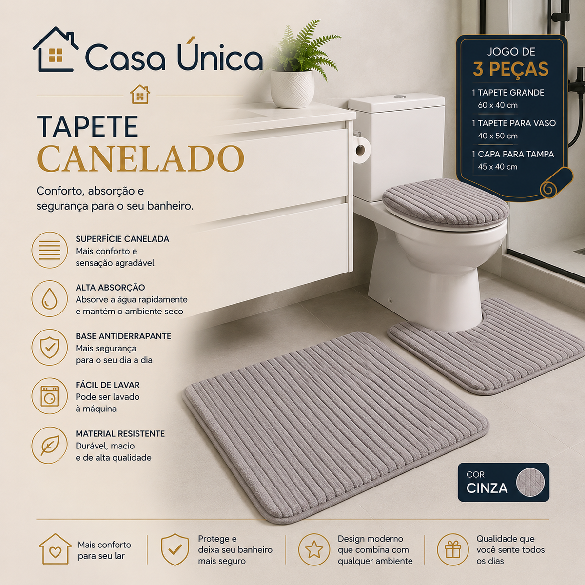 Tapete para Banheiro Canelado kit com 3 peças Antiderrapante Super Soft Peças Algodão e Pelúcia