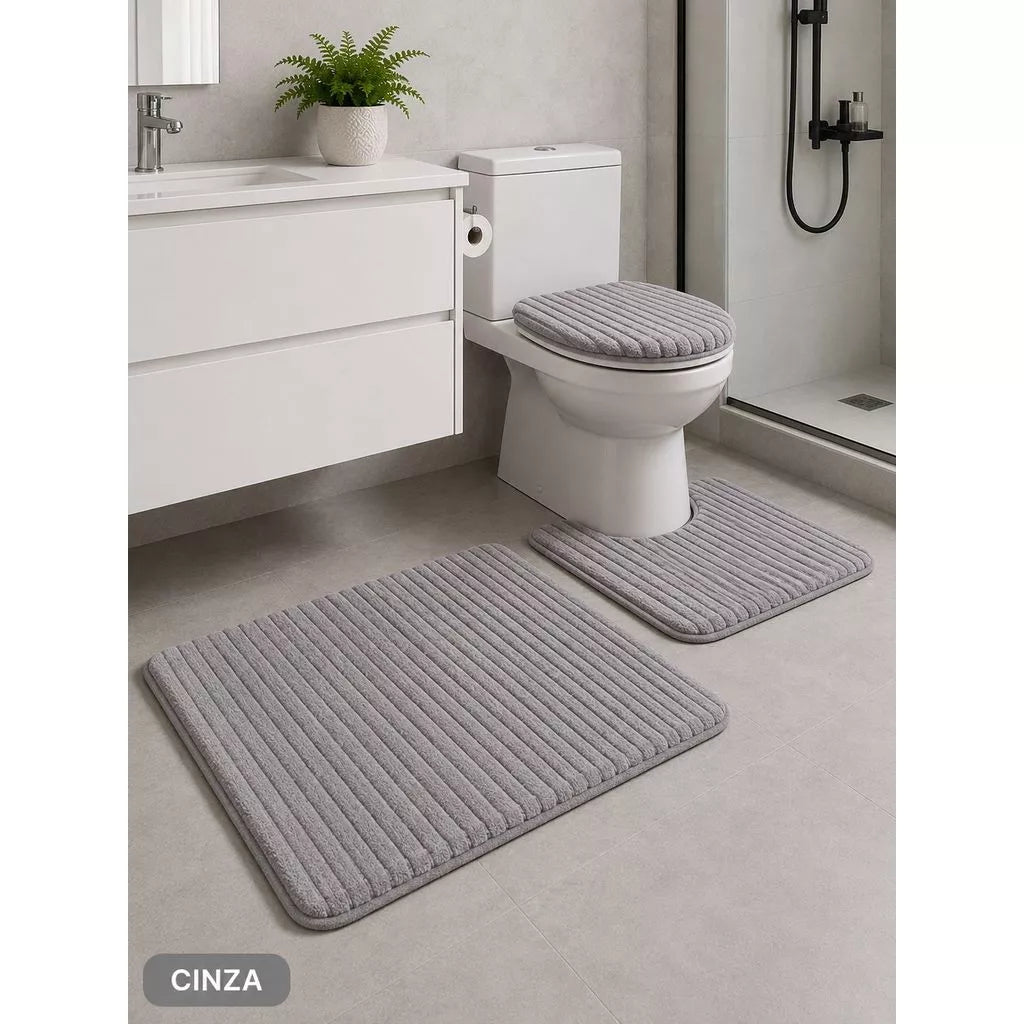 Tapete para Banheiro Canelado kit com 3 peças Antiderrapante Super Soft Peças Algodão e Pelúcia