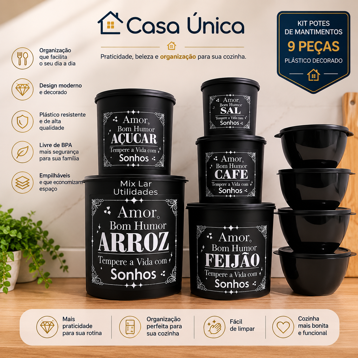 Kit potes de mantimentos cozinha com 9 peças de plástico decorado