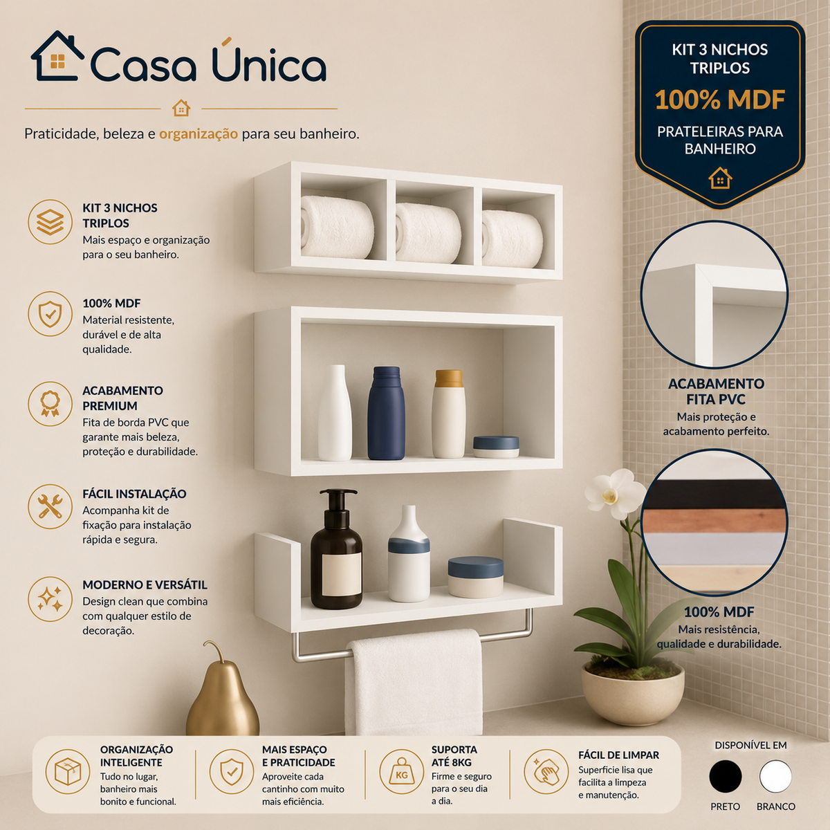 Kit 3 Nichos triplos Prateleiras para Banheiro Organizador em Preto ou Branco 100% Mdf