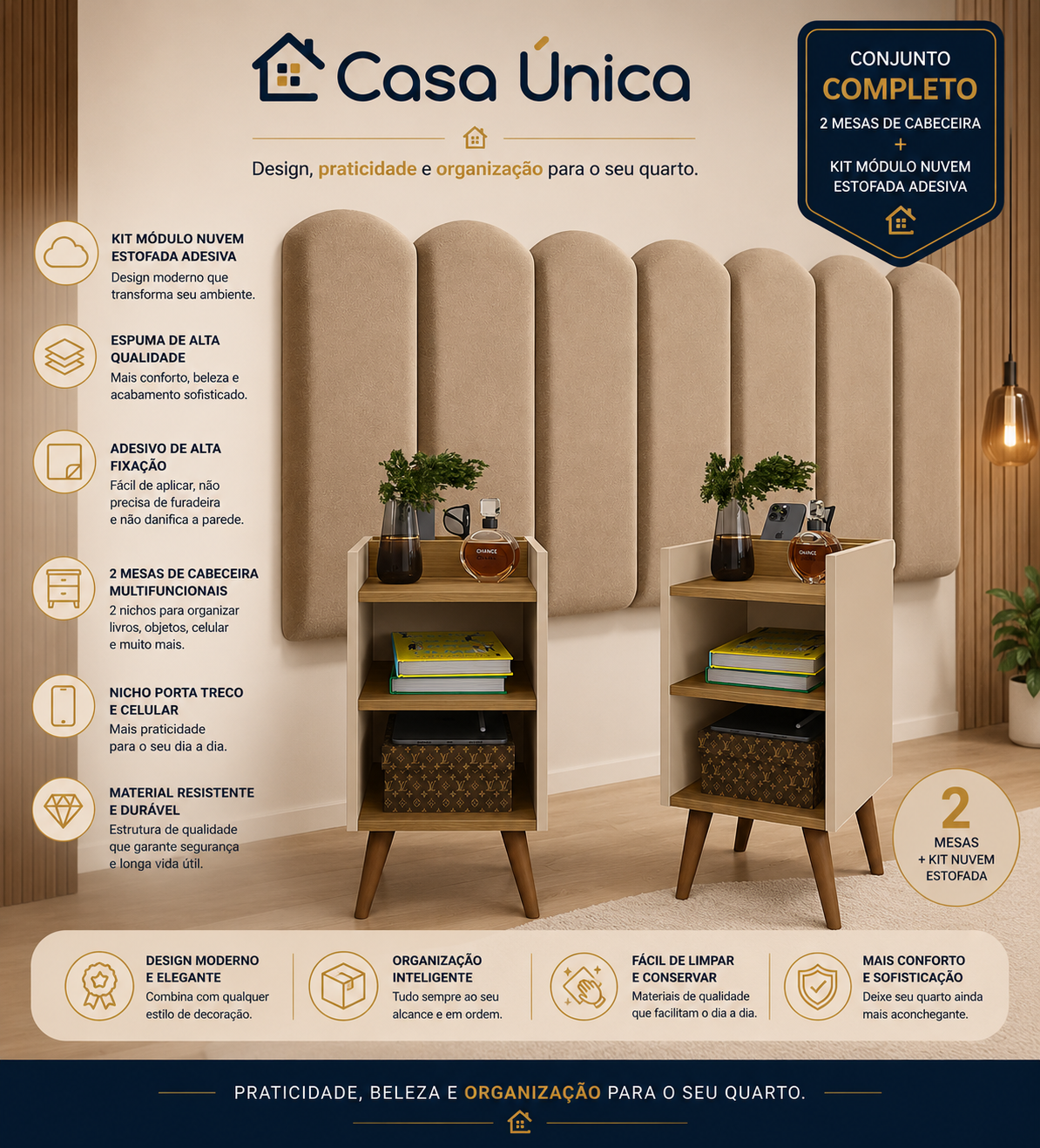 2 de Mesa de Cabeceira Nicho Porta treco Celular Organizador + Kit de Módulo NUVEM Estofada Adesiva