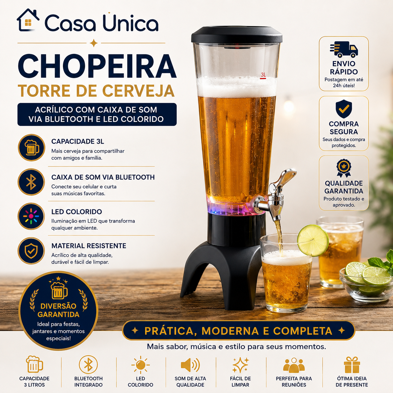 Chopeira Acrilico Torre de cerveja com caixa de som via bluetooth led colorido 3L Festa jantar em familia