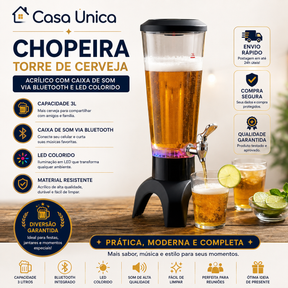 Chopeira Acrilico Torre de cerveja com caixa de som via bluetooth led colorido 3L Festa jantar em familia