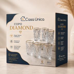 Kit 6 Copos Altos Diamond 370ml Vidro Borda Dourada Luxo - Casa única