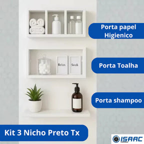 Kit 3 Nichos triplos Prateleiras para Banheiro Organizador em Preto ou Branco 100% Mdf