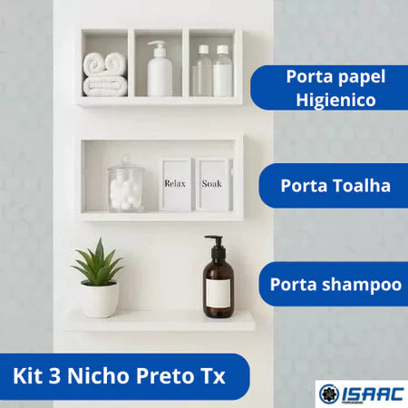 Kit 3 Nichos triplos Prateleiras para Banheiro Organizador em Preto ou Branco 100% Mdf