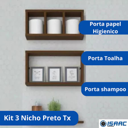 Kit 3 Nichos triplos Prateleiras para Banheiro Organizador em Preto ou Branco 100% Mdf