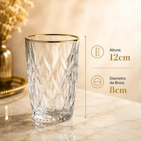 Kit 6 Copos Altos Diamond 370ml Vidro Borda Dourada Luxo - Casa única