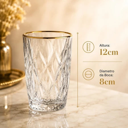 Kit 6 Copos Altos Diamond 370ml Vidro Borda Dourada Luxo - Casa única