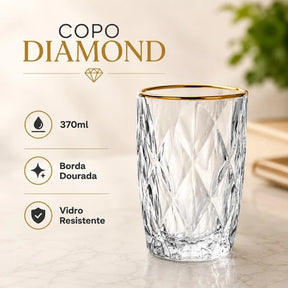 Kit 6 Copos Altos Diamond 370ml Vidro Borda Dourada Luxo - Casa única