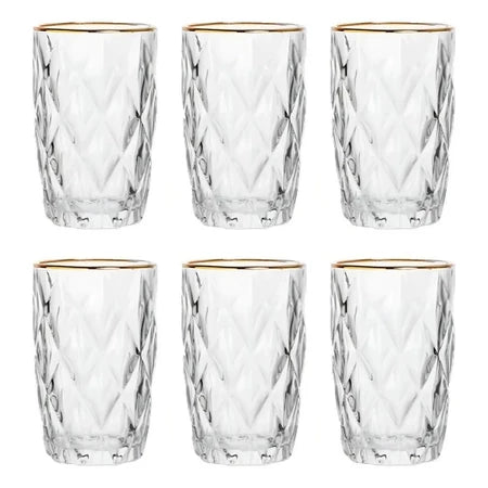 Kit 6 Copos Altos Diamond 370ml Vidro Borda Dourada Luxo - Casa única