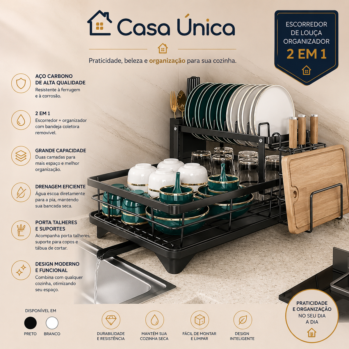 Escorredor De Louça Organizador 2 Em 1 de Pia Rack de Cozinha Duplo Aço Carbono Preto, Branco