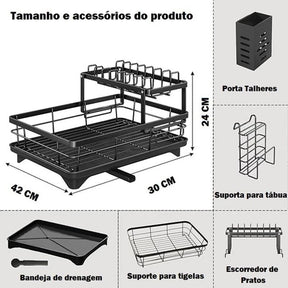 Escorredor De Louça Organizador 2 Em 1 de Pia Rack de Cozinha Duplo Aço Carbono Preto, Branco
