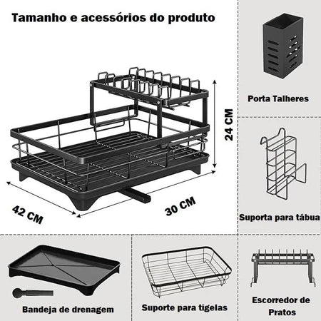 Escorredor De Louça Organizador 2 Em 1 de Pia Rack de Cozinha Duplo Aço Carbono Preto, Branco