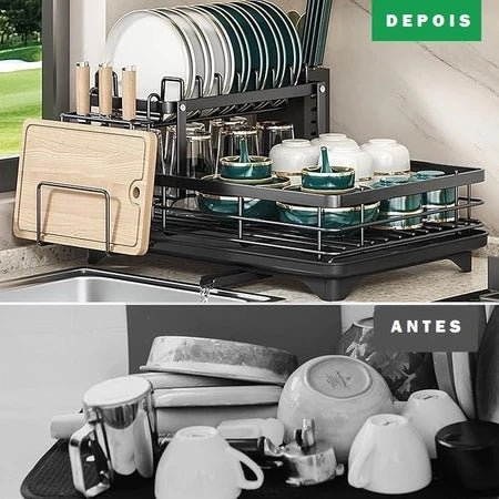 Escorredor De Louça Organizador 2 Em 1 de Pia Rack de Cozinha Duplo Aço Carbono Preto, Branco